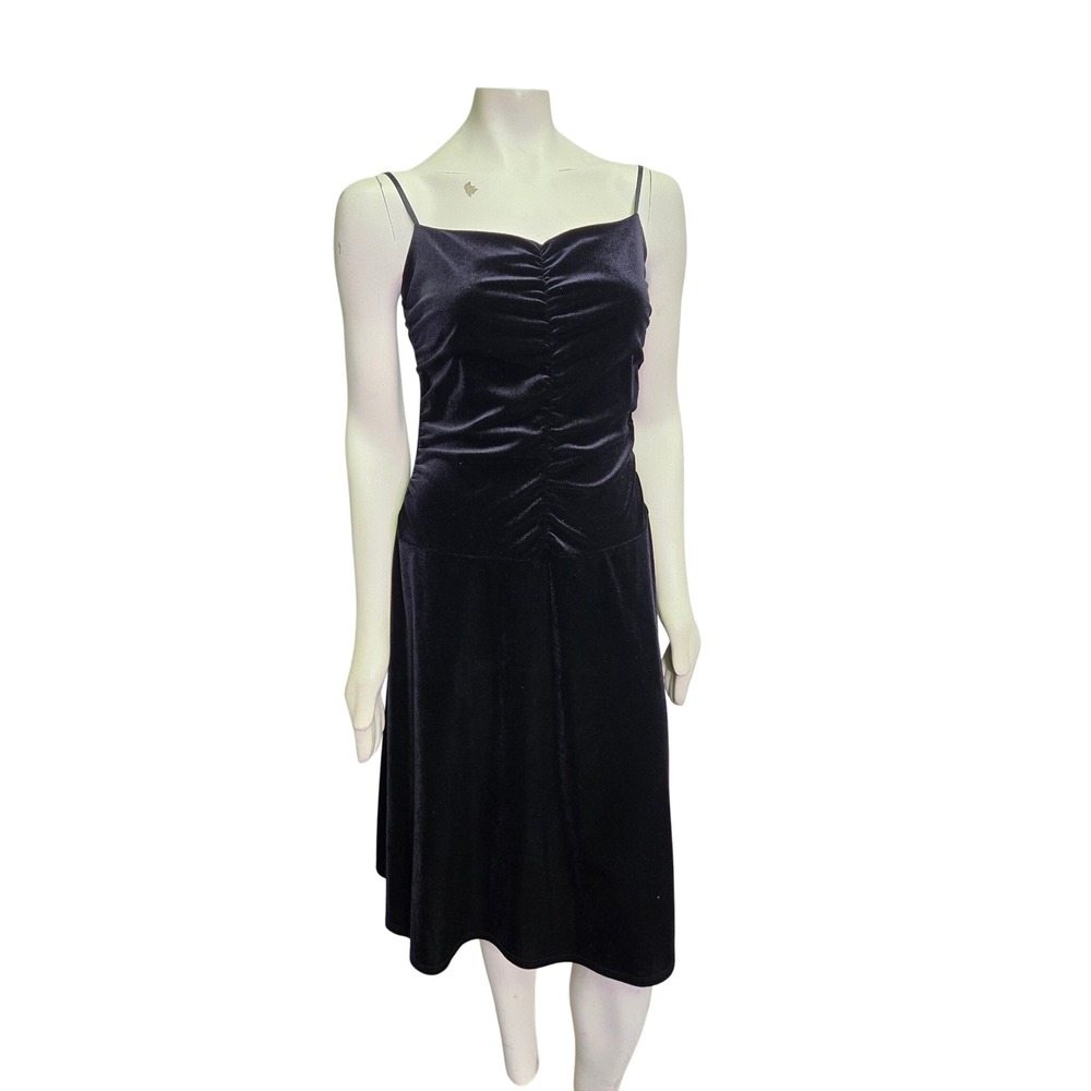 Whimsigoth Witchy Goth Black Velvet Ruched Bodice Midi Dress L Spaghetti Strap‎
